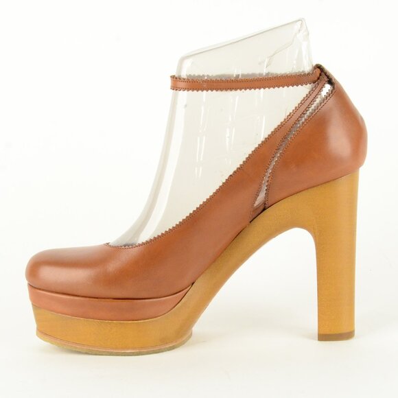CHLOE SHOES TAN LEATHER ANKLE STRAP WOODEN PLATFORM PUMPS sz 40.5 10.5 - Picture 3 of 8